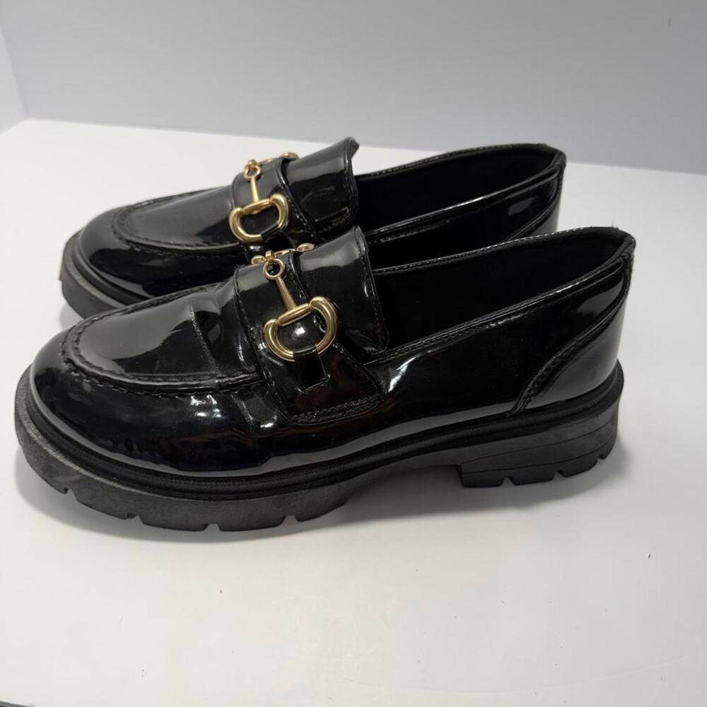 Rouge Helium Black Patent Horsebit Loafer Womens Size 8 Gold Snaffle Lug Sole